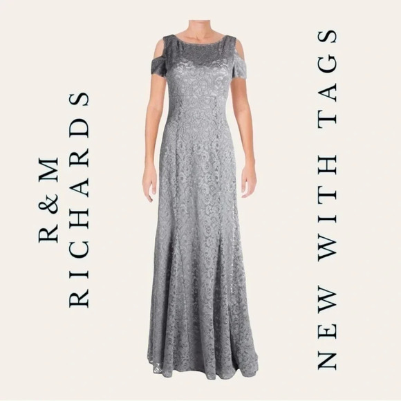 R&M RICHARDS OFF THE SHOULDER LACE GOWN SIZE 8 WHITE/SILVER/PLATINUM‎ IN COLOR - Picture 1 of 12